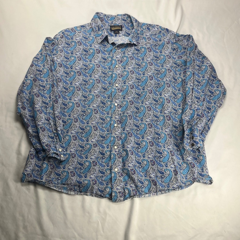Cremieux Premium Denim‎ Shirt Blue Paisley Pearl Snap 2XB Cotton Long Sleeve